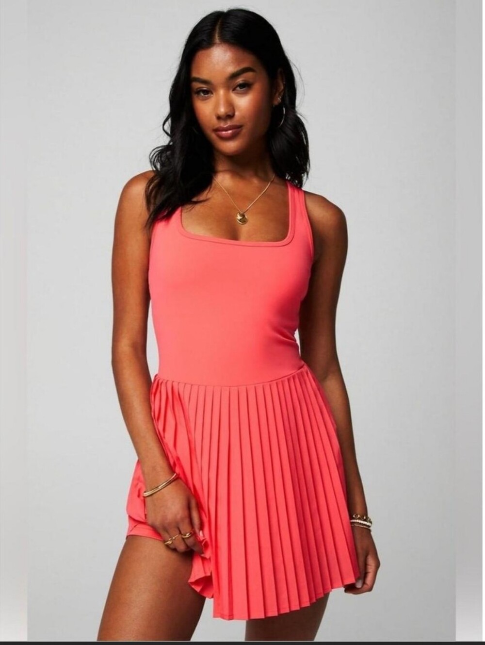 Fabletics Pleated Active Dress Coral Crush Spandex Phone Pocket Short Racerback